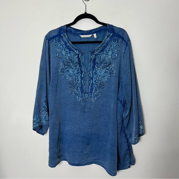 Soft Surroundings Embroidered Tencel Tunic Denim Gorgeous Blouse Top 348 - Picture 1 of 9